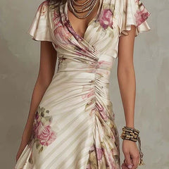 Cream ruched wrap midi dress with V-neck and pink rose floral pattern, short sleeves