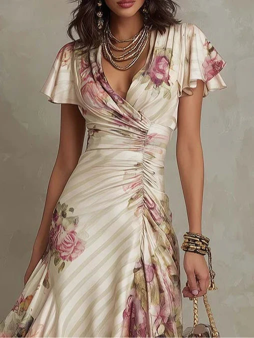 Cream ruched wrap midi dress with V-neck and pink rose floral pattern, short sleeves