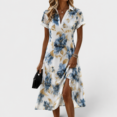 Vestito midi a fiori blu e beige con scollo a V e maniche corte, legatura in vita
