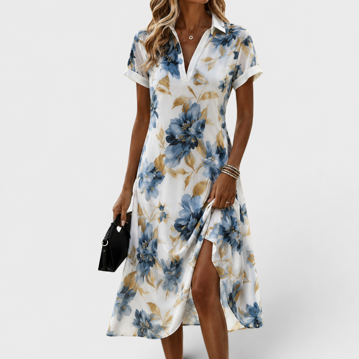 Vestito midi a fiori blu e beige con scollo a V e maniche corte, legatura in vita