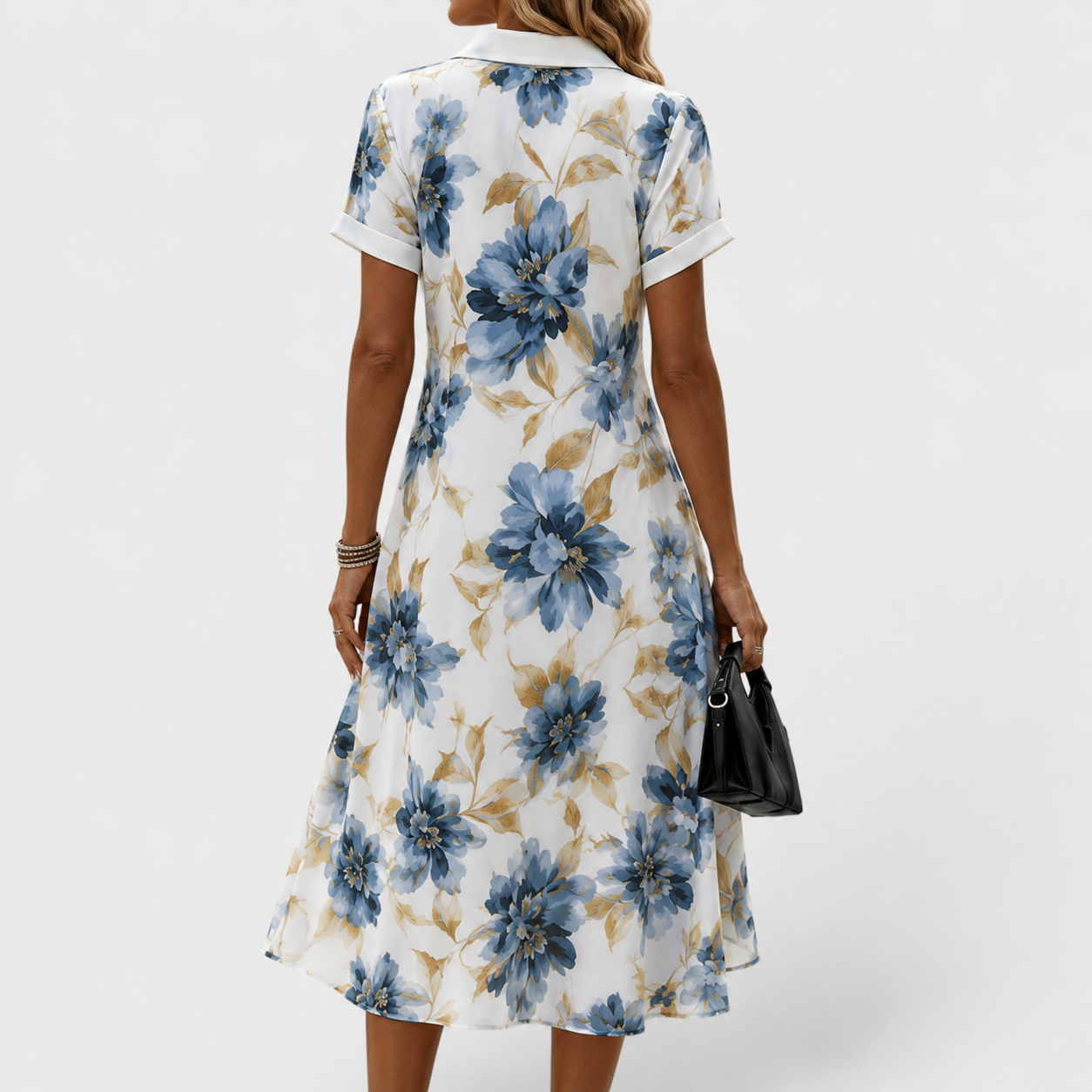 Vestito midi a fiori blu e beige con scollo a V sul retro, maniche corte e fondo svasato