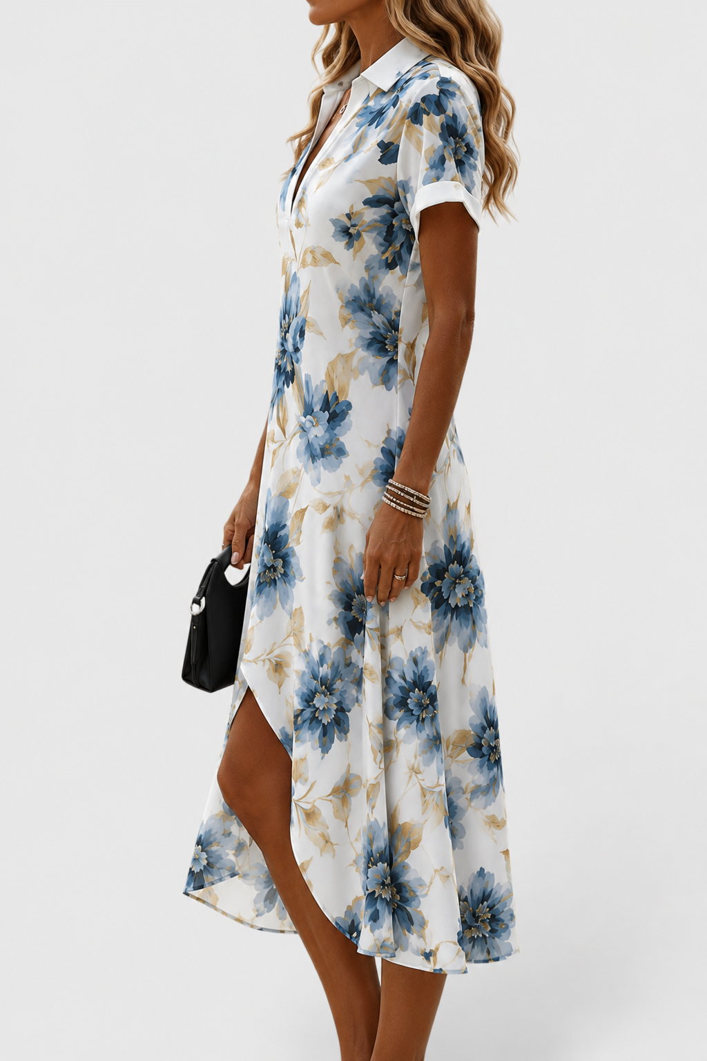 Vestito midi a fiori blu con maniche corte e scollo a V, spacco laterale, legatura in vita