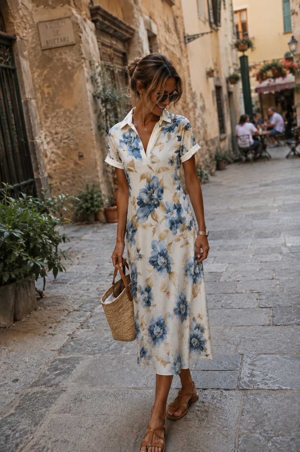 Vestito midi a fiori blu e beige con scollo a V, maniche corte e spacco laterale