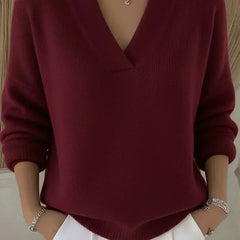 Burgundy relaxed V-neck knit sweater with ribbed cuffs and hem, long sleeves