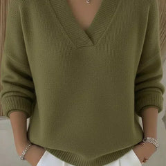 Olive green relaxed V-neck knit sweater with ribbed cuffs and hem, long sleeves