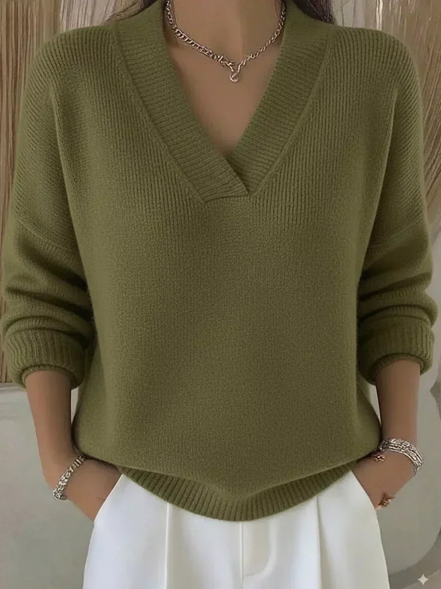 Olive green relaxed V-neck knit sweater with ribbed cuffs and hem, long sleeves