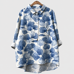 Blusa estiva a bottoni stampa fiori blu scuro e chiaro, colletto, taschino