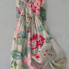Fleur™ floral dress with long sleeves, button front, multicolor gathered skirt