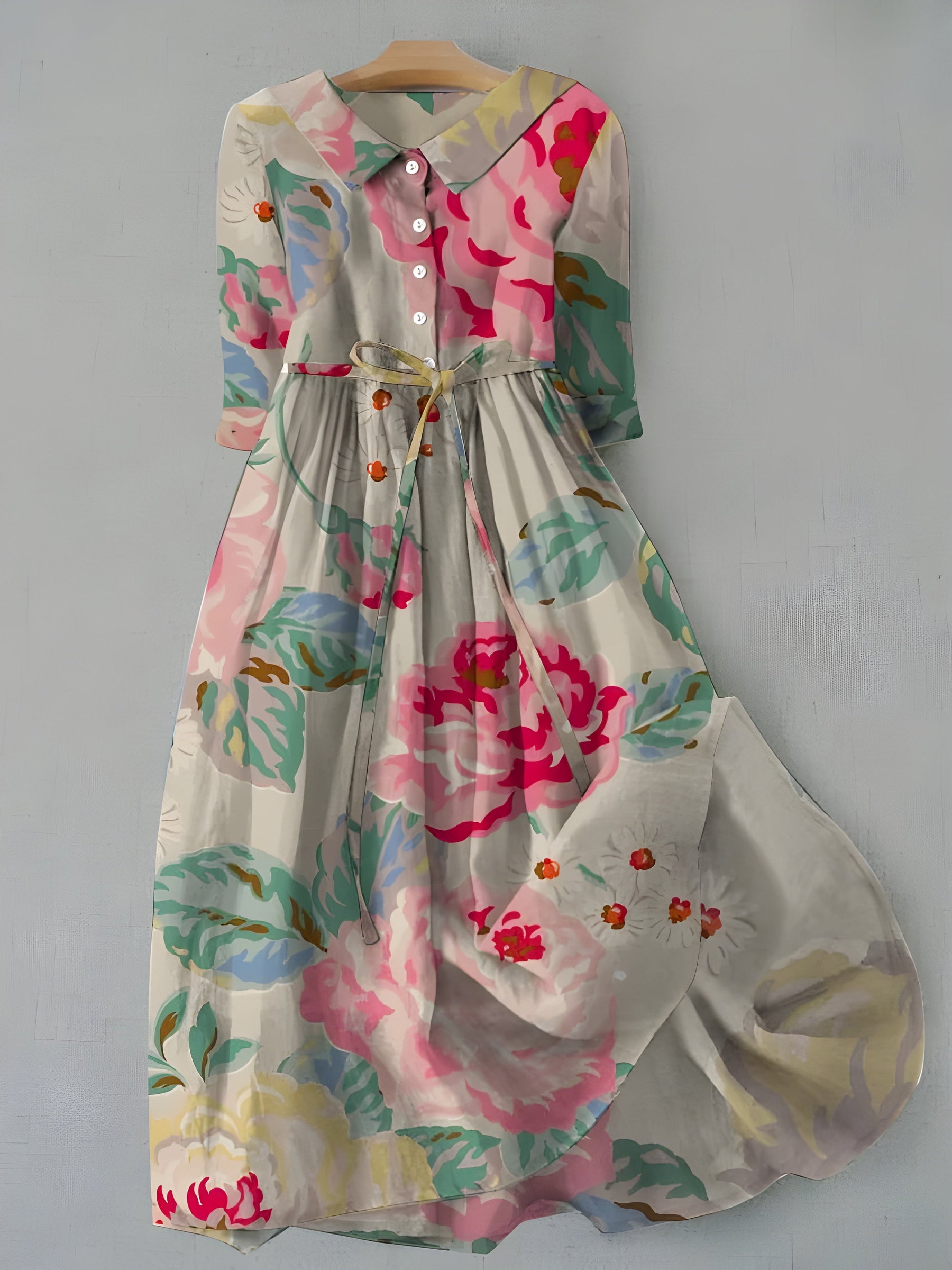 Fleur™ floral dress with long sleeves, button front, multicolor gathered skirt