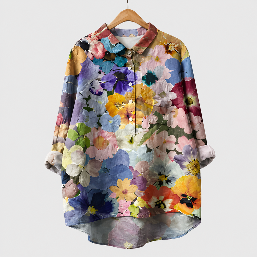 Blusa estiva in tessuto leggero, stampa floreale multicolore, bottoni, maniche lunghe.