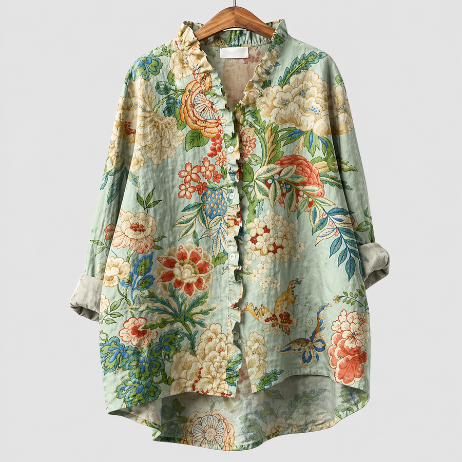 Blusa estiva con stampa floreale verde e crema, scollo a V e bottoni, maniche lunghe