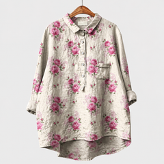 Blusa estiva bianca con bottoni e colletto, stampa rose rosa, tasca sul petto