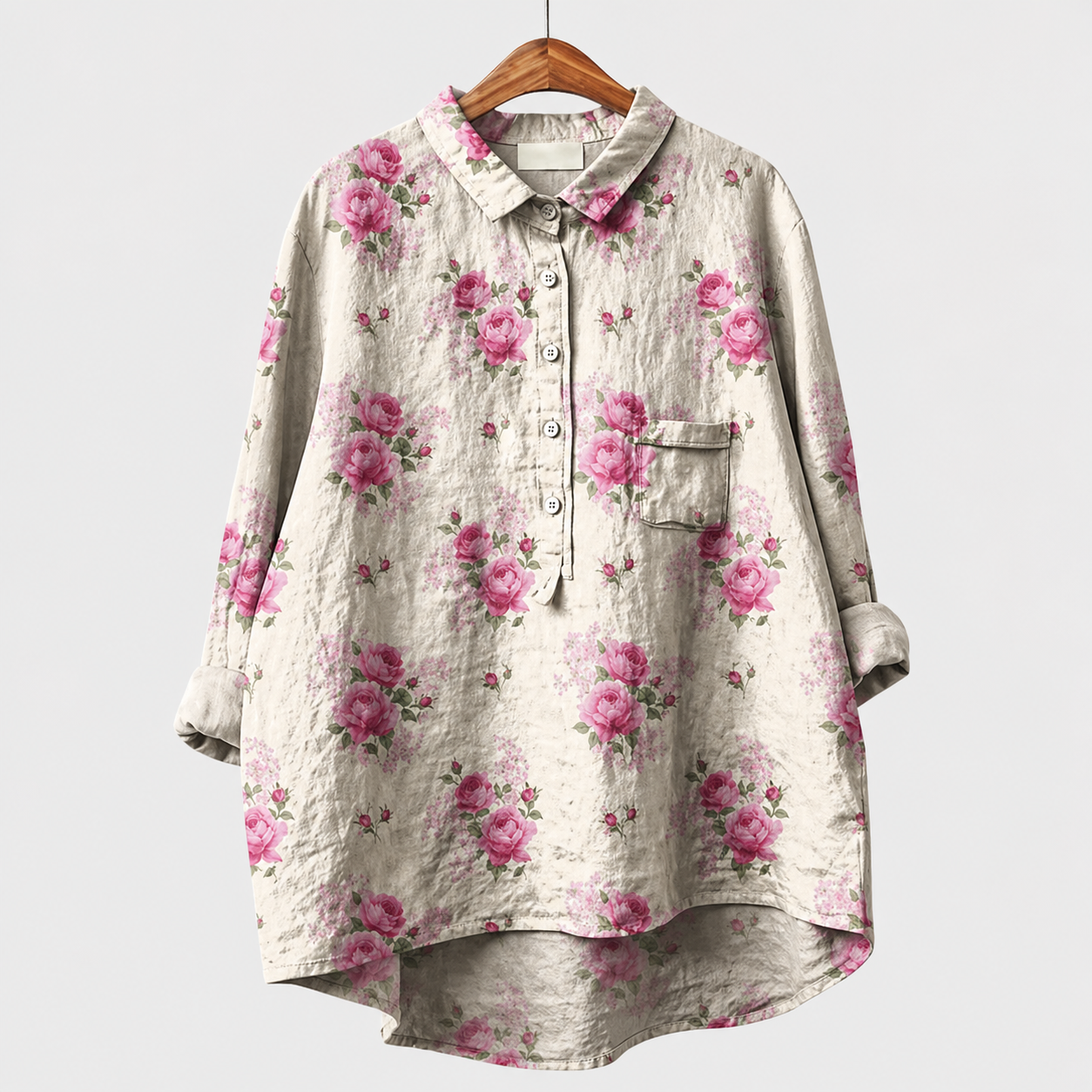 Blusa estiva bianca con bottoni e colletto, stampa rose rosa, tasca sul petto