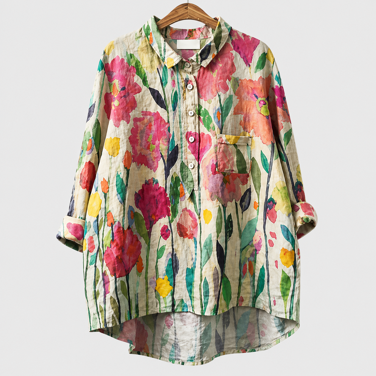 Blusa estiva in cotone a stampa floreale multicolore, colletto e bottoni, tasca