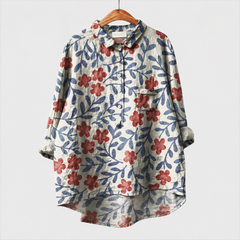 Blusa estiva con bottoni e colletto, stampa floreale rossa e blu, tasca sul petto