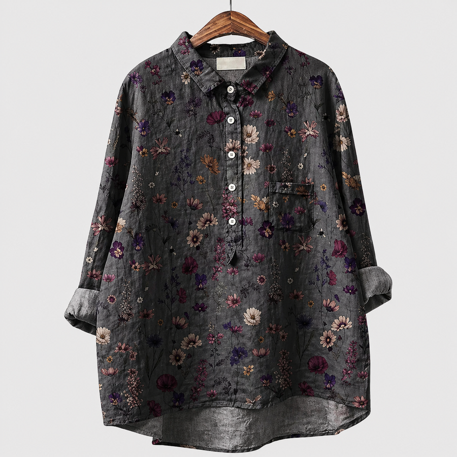 Blusa estiva elegante nera con stampa floreale colorata, bottoni davanti, collo a rever