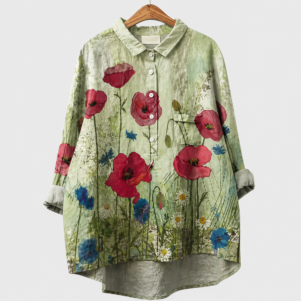 Blusa estiva elegante verde con stampa floreale, bottoni davanti, maniche lunghe