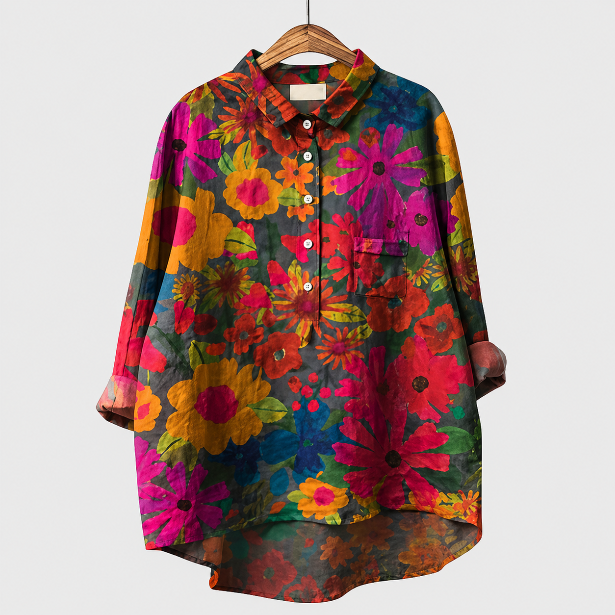 Blusa estiva con stampa floreale multicolore, colletto e bottoni, maniche lunghe.