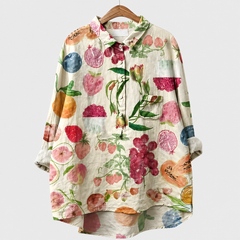 Blusa estiva a bottoni stampa frutta colorata su fondo chiaro, colletto, maniche lunghe