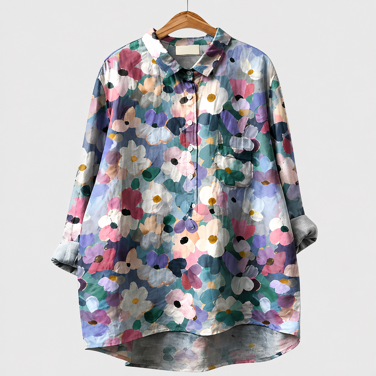 Blusa estiva con stampa floreale multicolore, bottoni frontali e colletto, maniche lunghe