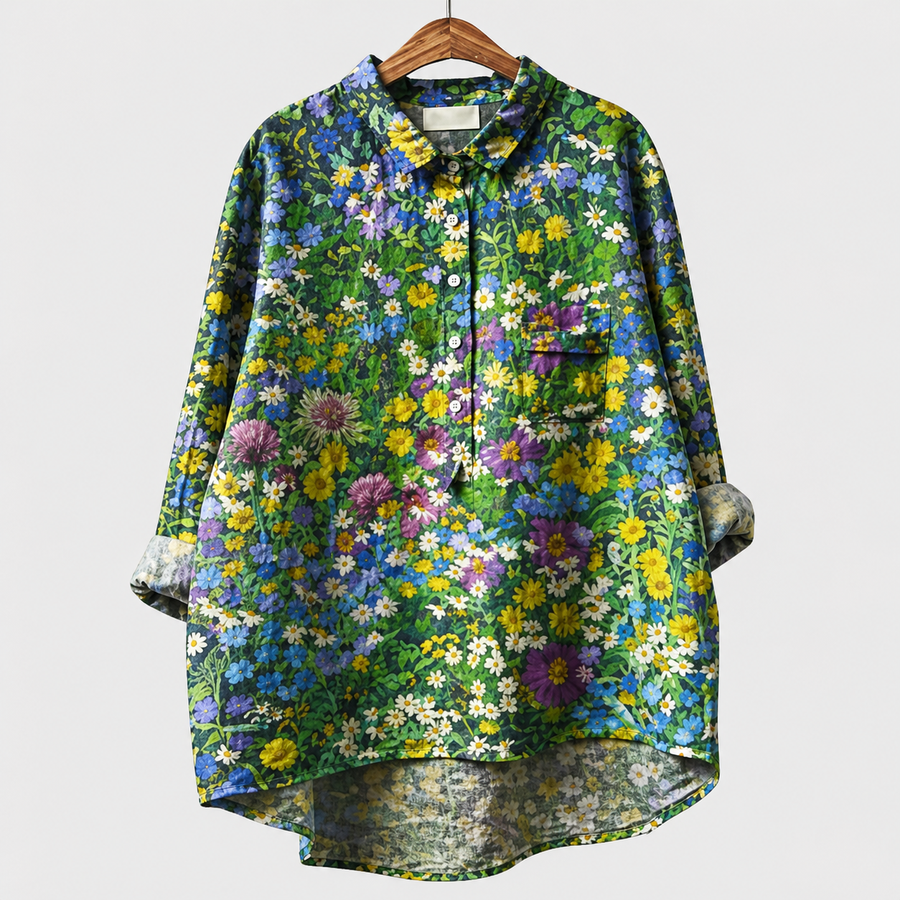 Blusa estiva fantasia floreale multicolore, bottoni frontali e tasca sul petto
