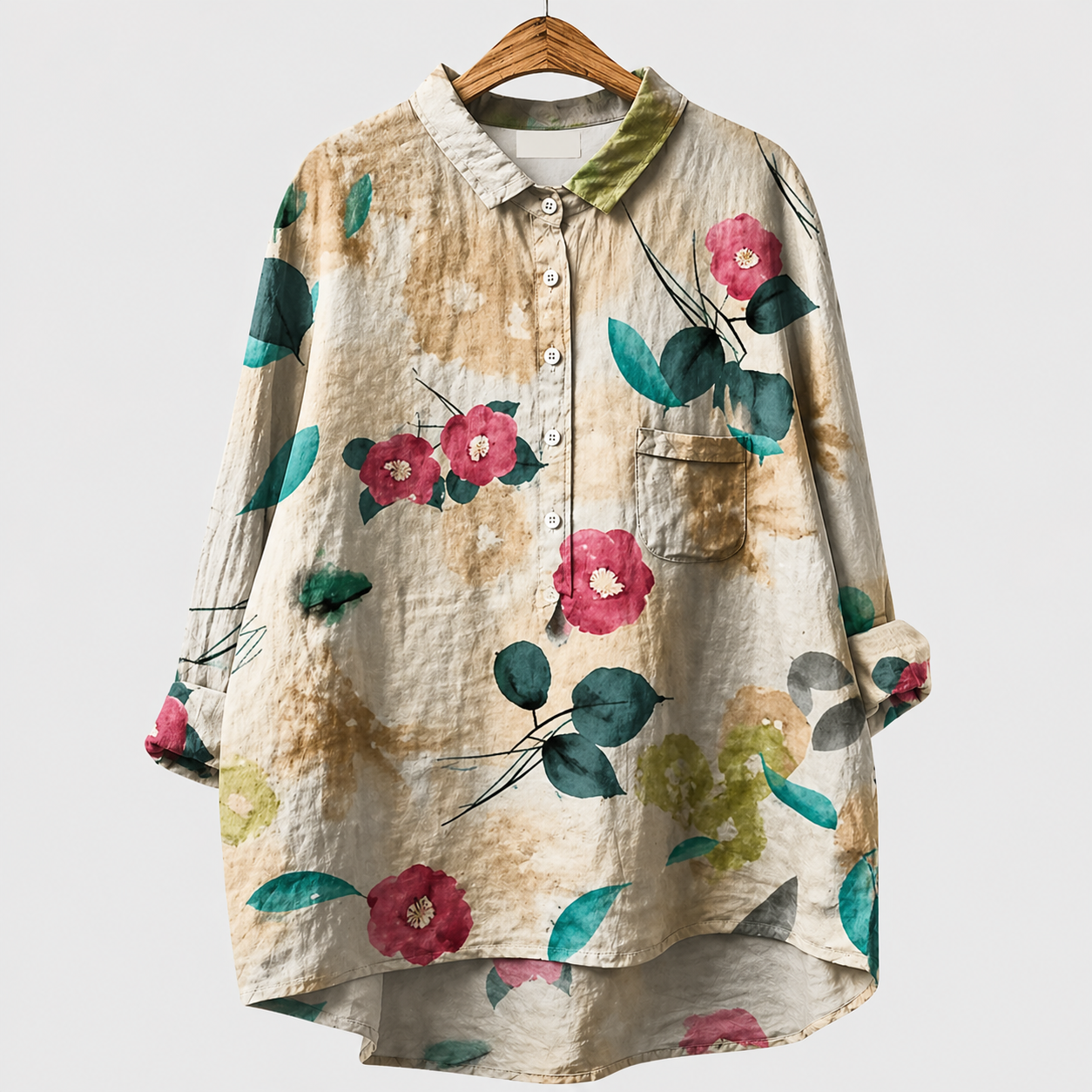 Blusa estiva a bottoni stampa floreale verde e rosa su fondo chiaro, taschino