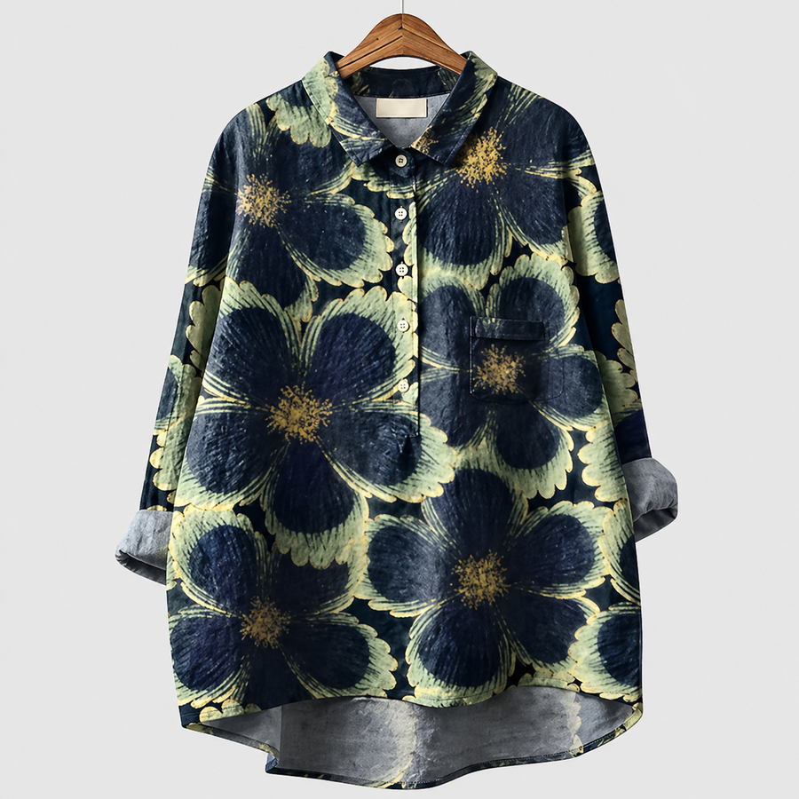 Blusa estiva a bottoni stampa floreale blu scuro e verde con taschino, maniche lunghe