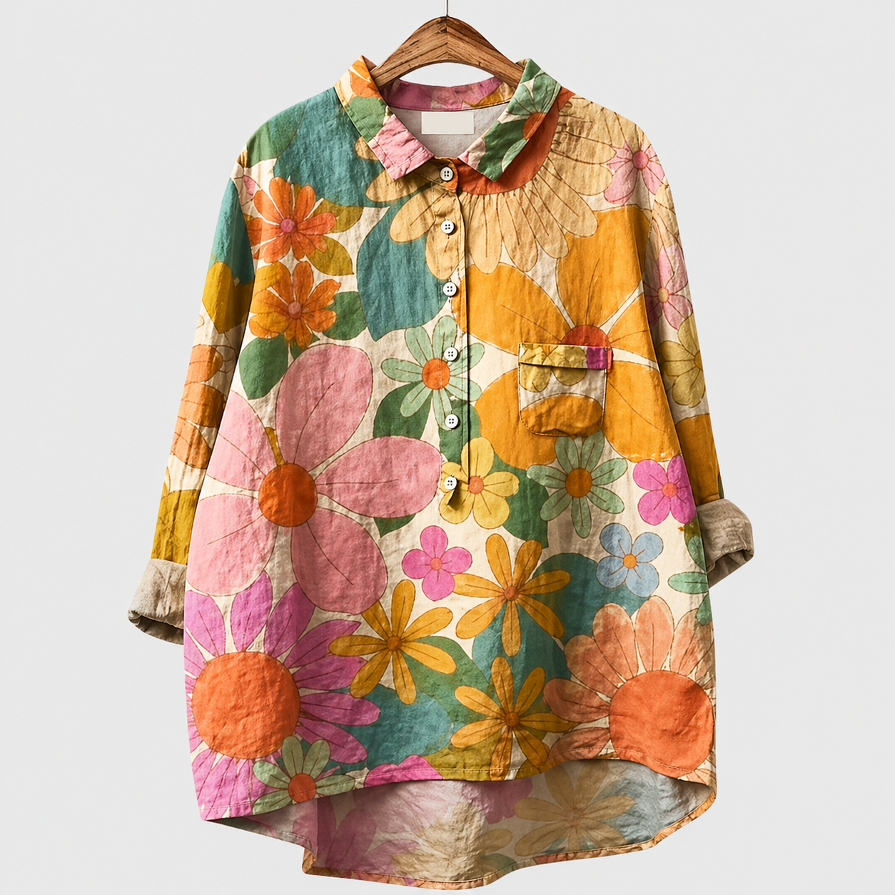 Blusa estiva a bottoni stampa fiori multicolore su fondo giallo, taschino