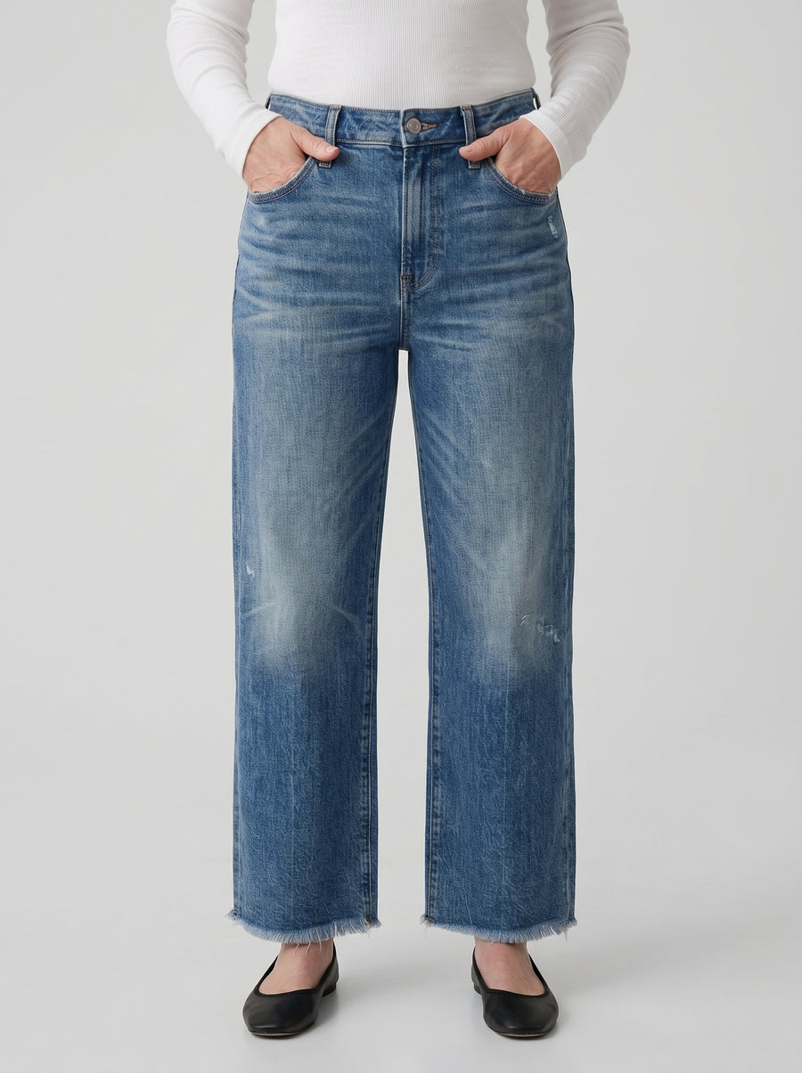 AILÍS retro cropped straight jeans, mid-blue straight-leg jeans with raw hem