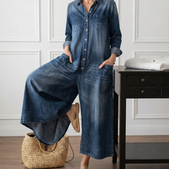 Washed blue denim button-through maxi dress with long sleeves and patch pockets