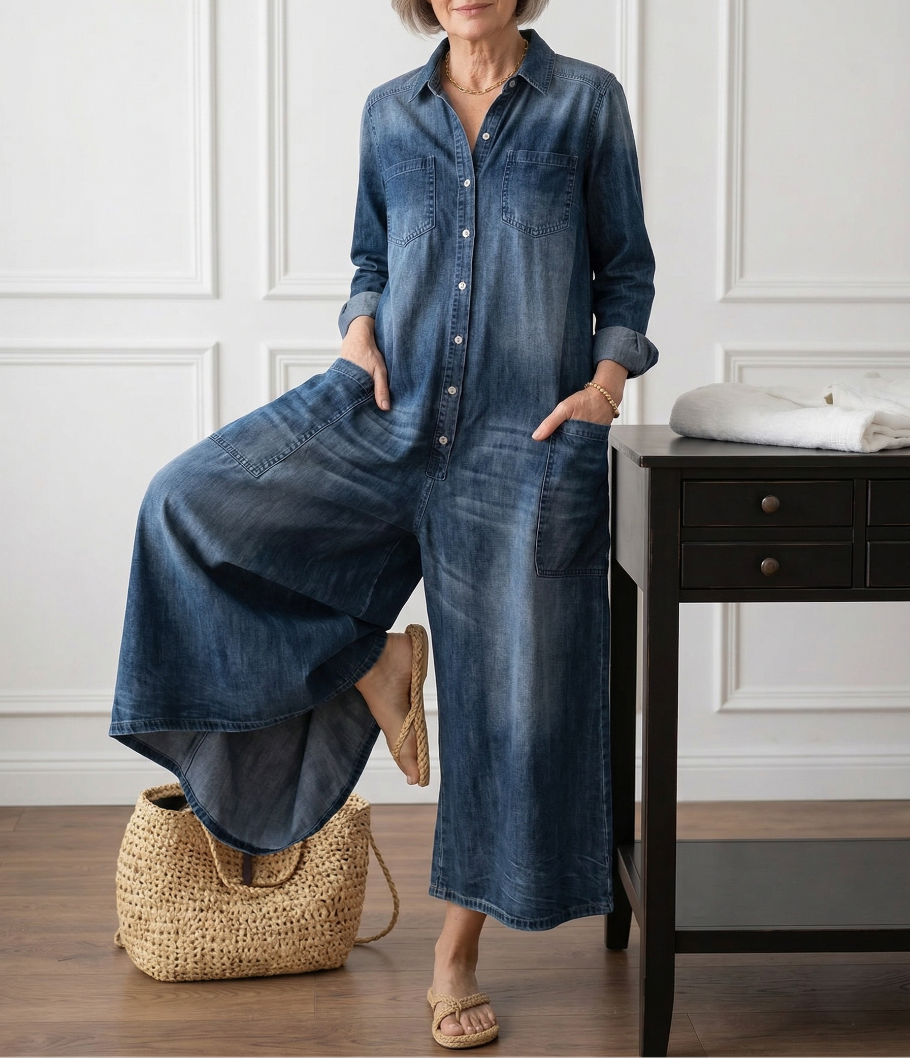 Washed blue denim button-through maxi dress with long sleeves and patch pockets