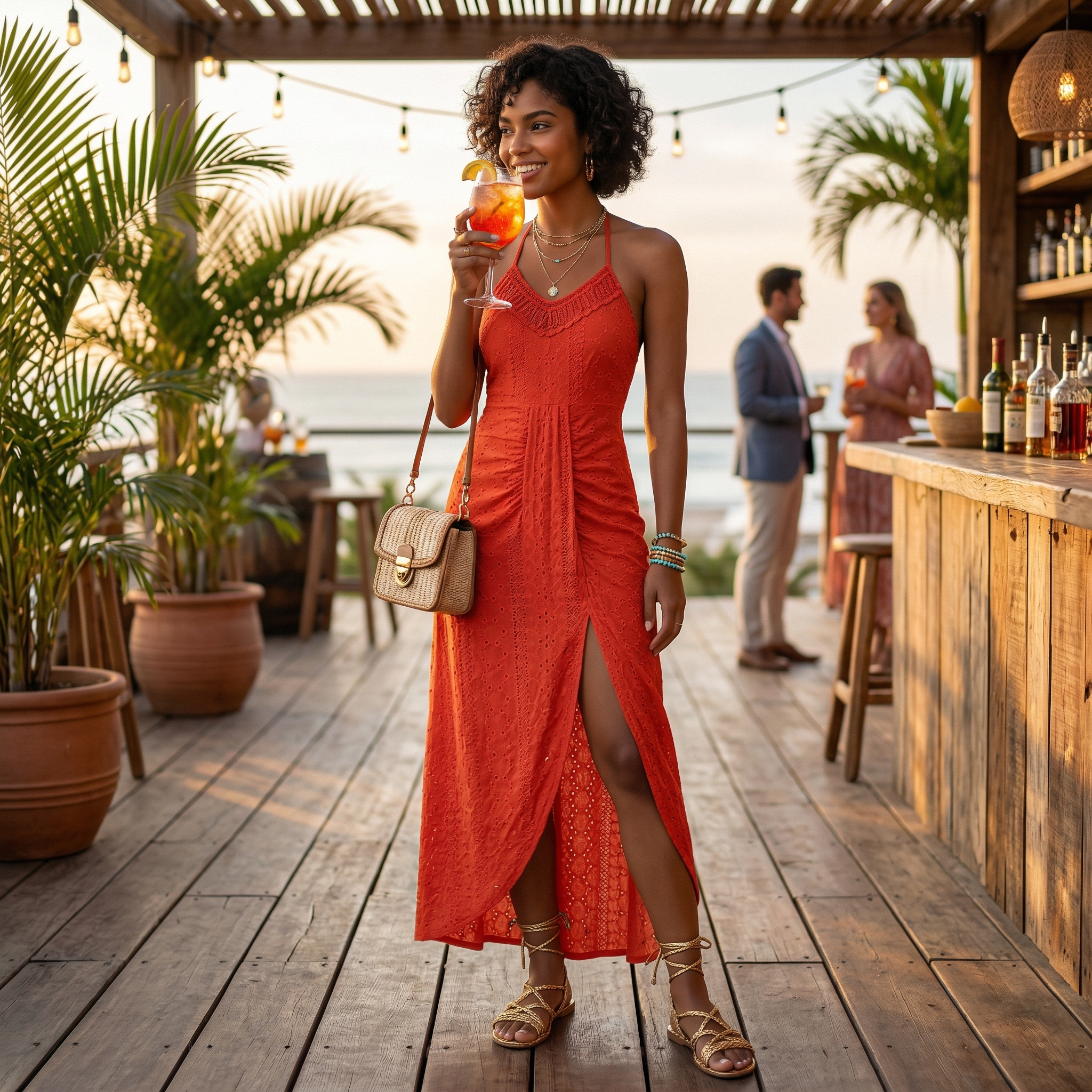 Vestito midi rosso con scollatura incrociata e spacco frontale, senza maniche