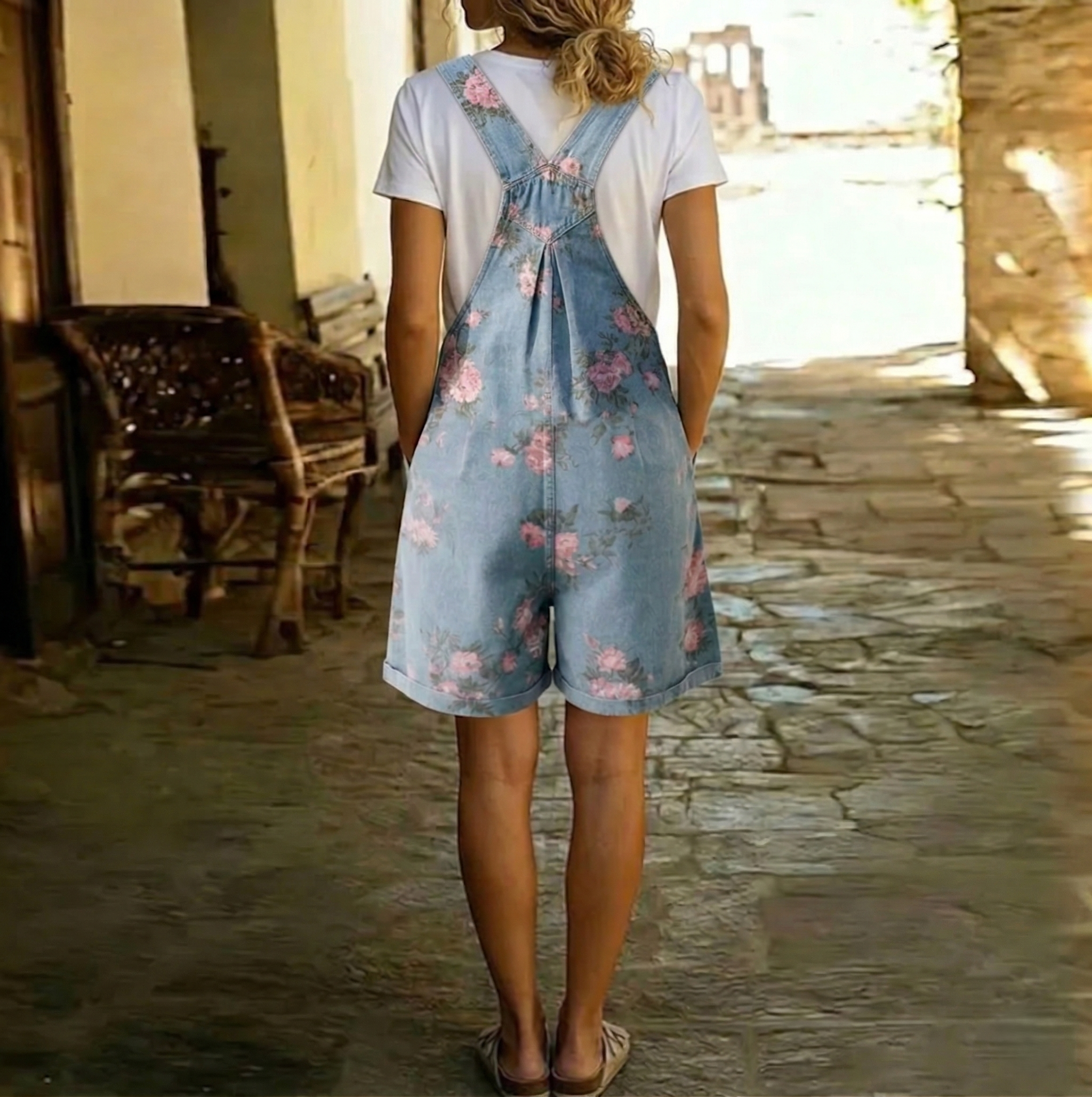 Back view of floral blue denim overall romper with pink rose print and cross-back straps