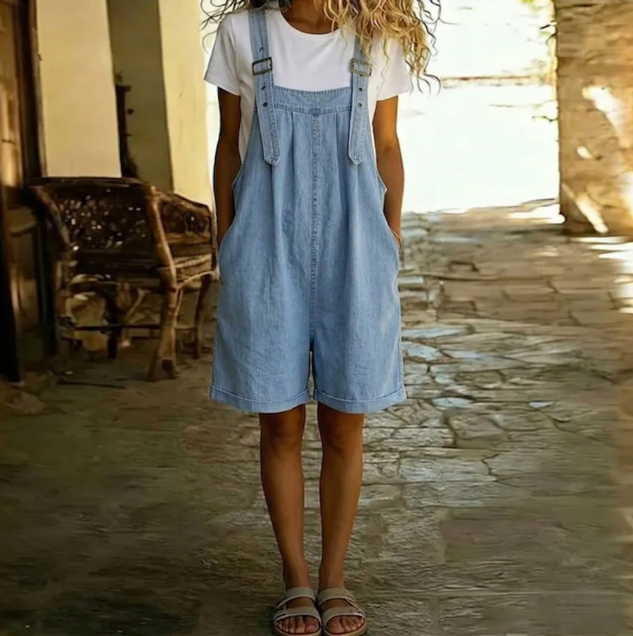 Light blue denim short overalls with wide legs, front bib pocket, and adjustable straps
