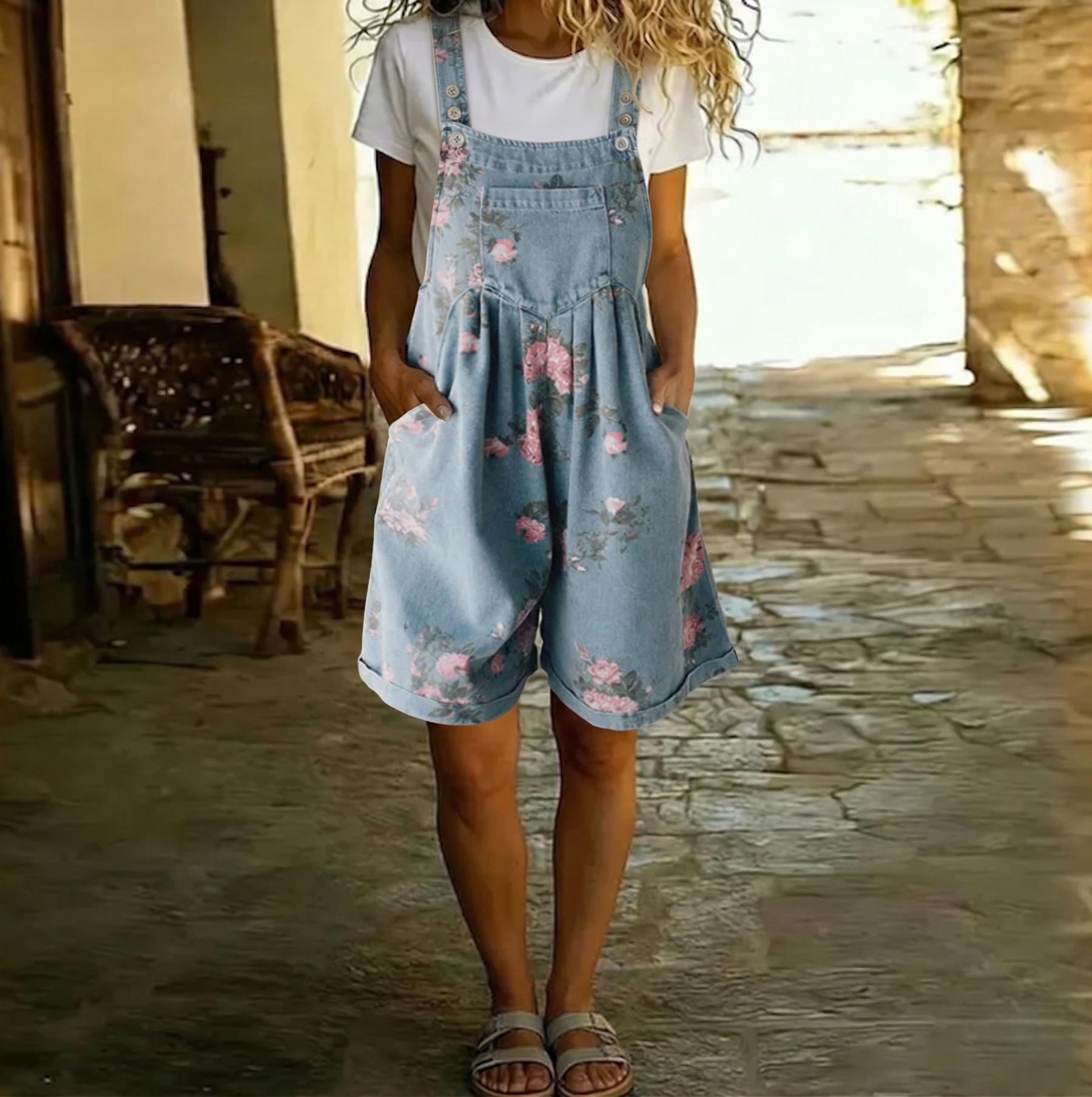 Floral blue denim overall romper with pink floral pattern, front pocket and bib, wide legs