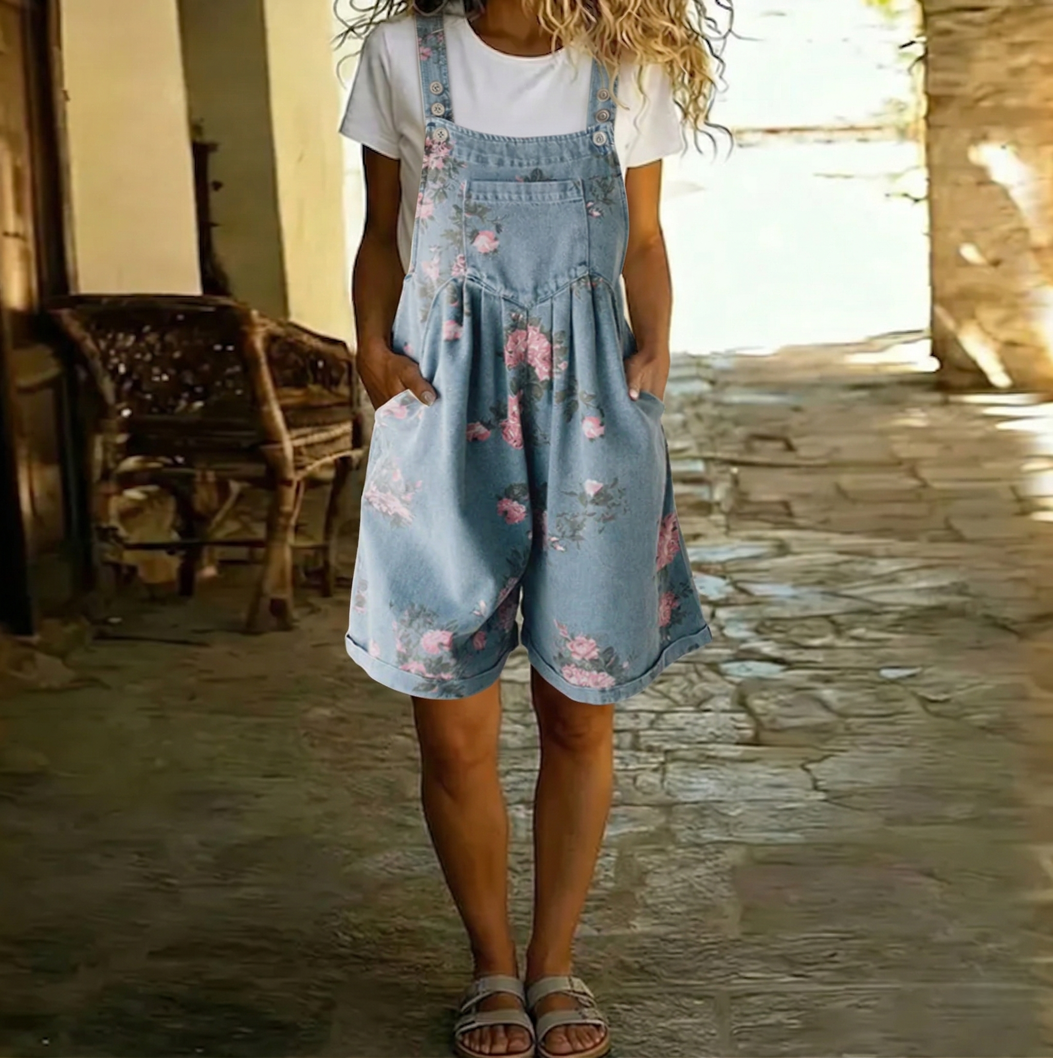 Floral blue denim overall romper with pink floral pattern, front pocket and bib, wide legs