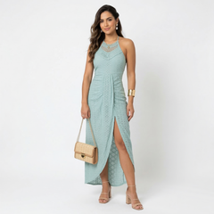 Vestito midi verde menta con scollatura incrociata e spacco sulla gonna