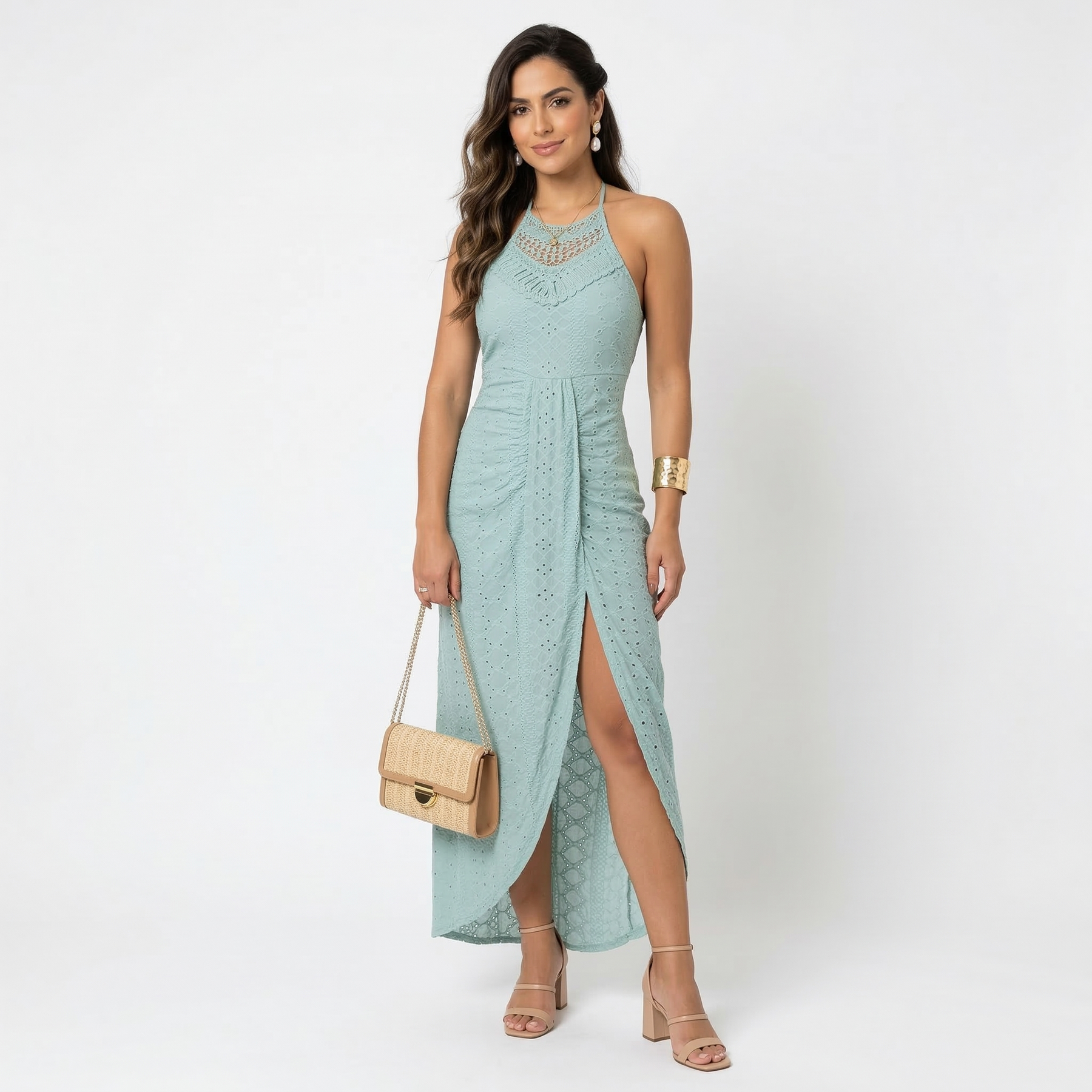 Vestito midi verde menta con scollatura incrociata e spacco sulla gonna