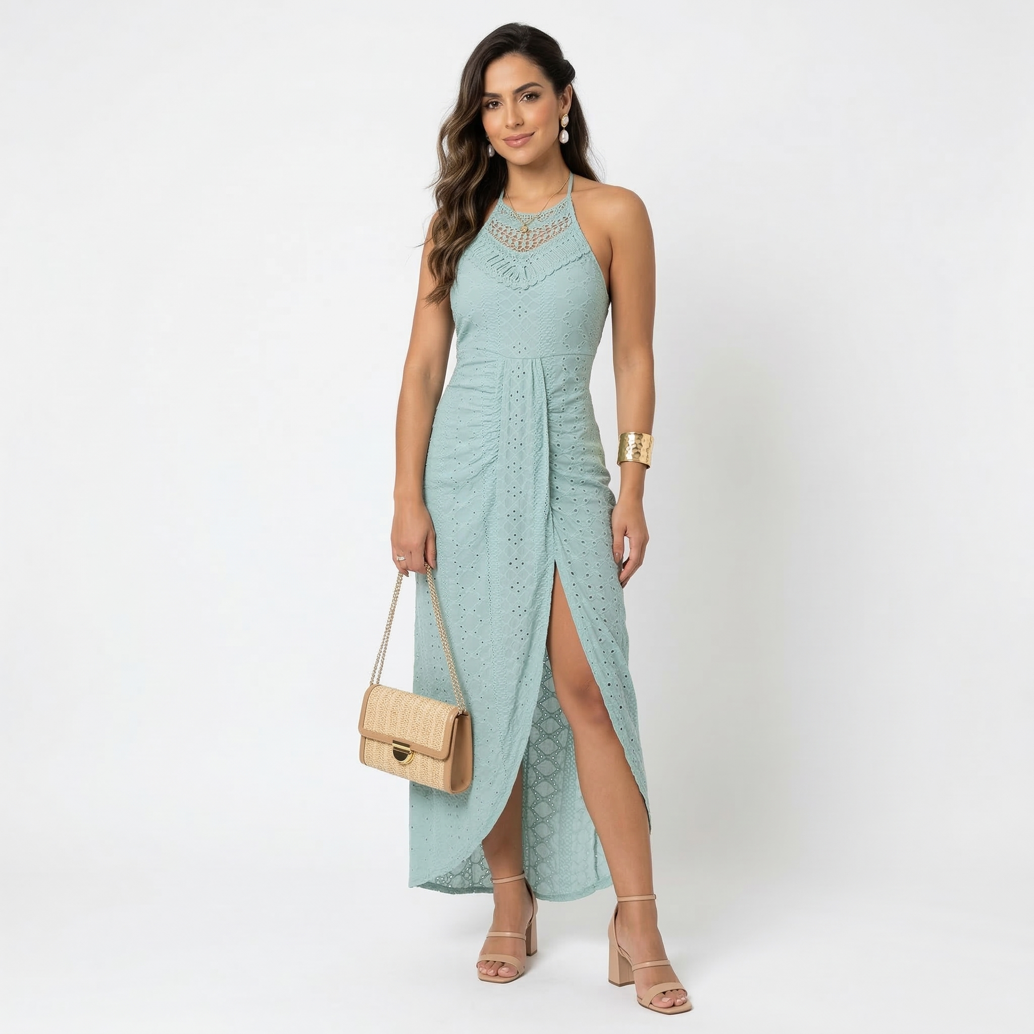 Vestito midi verde menta con scollatura incrociata e spacco sulla gonna