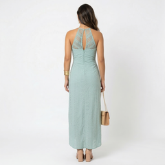 Vestito midi verde menta, vista posteriore con schiena scoperta a fascia