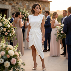 Vestito bianco asimmetrico con spalle strutturate e cintura in vita