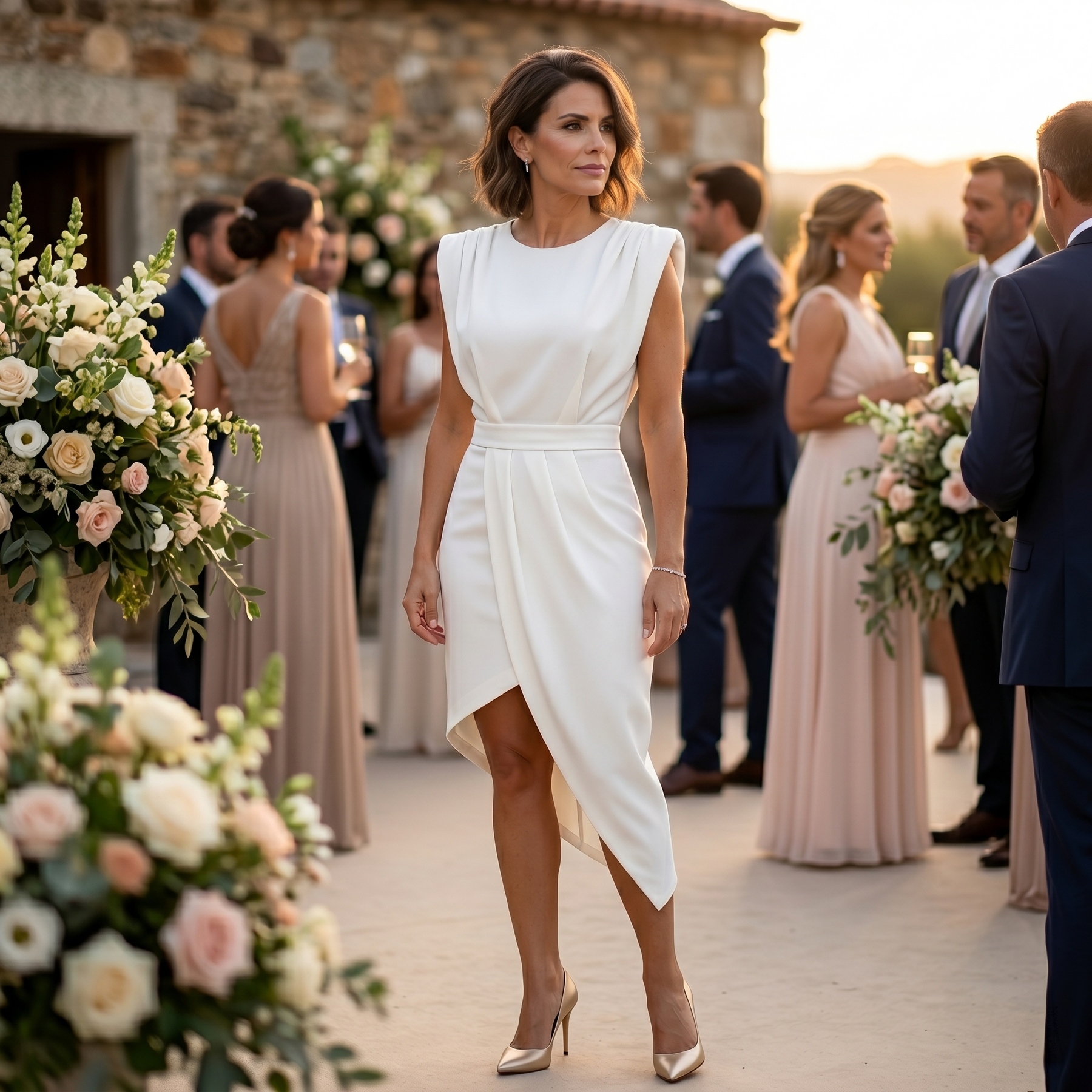 Vestito bianco asimmetrico con spalle strutturate e cintura in vita