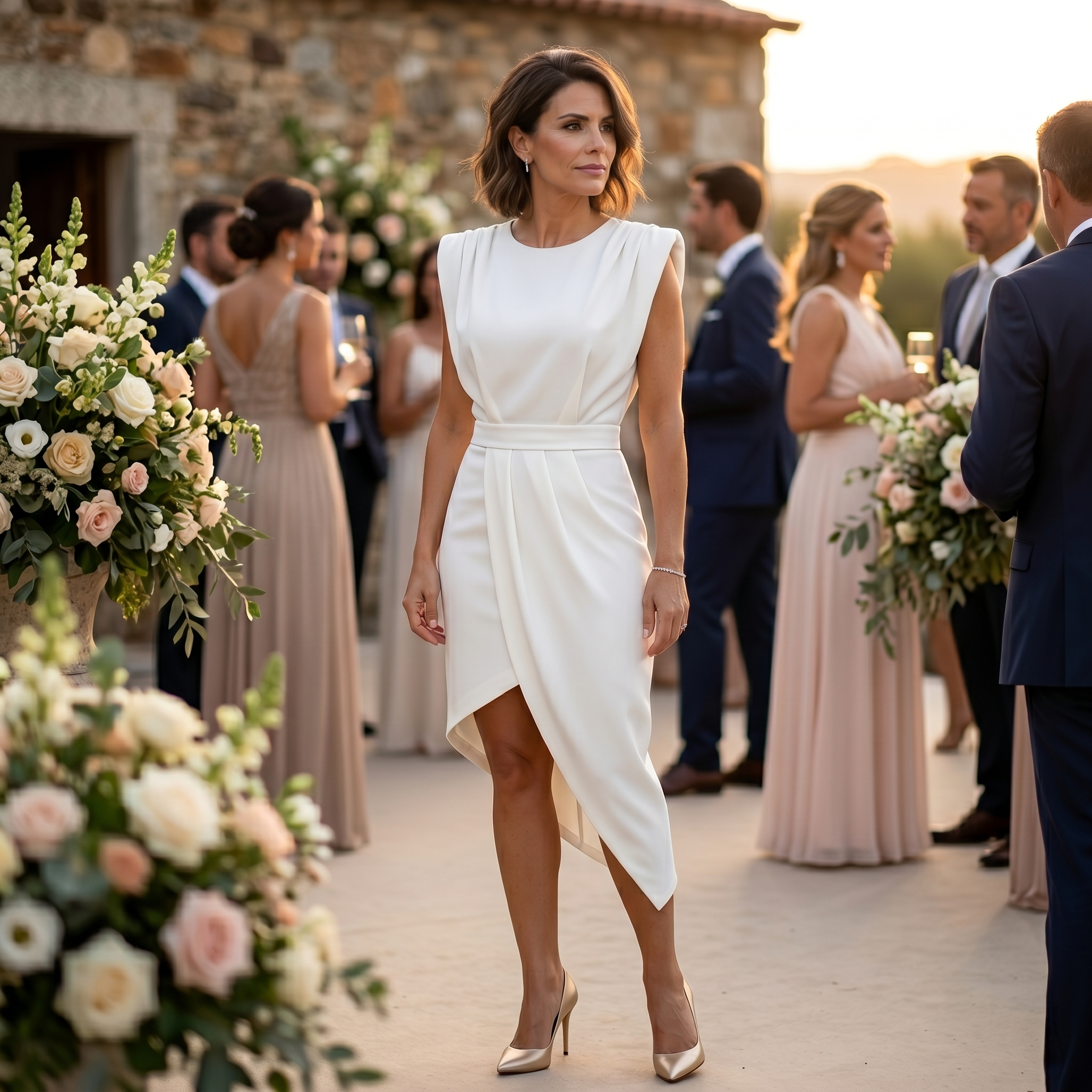 Vestito bianco asimmetrico con spalle strutturate e cintura in vita