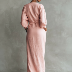 Pink maxi dress, V-neck wrap back with gathered waist and three-quarter sleeves