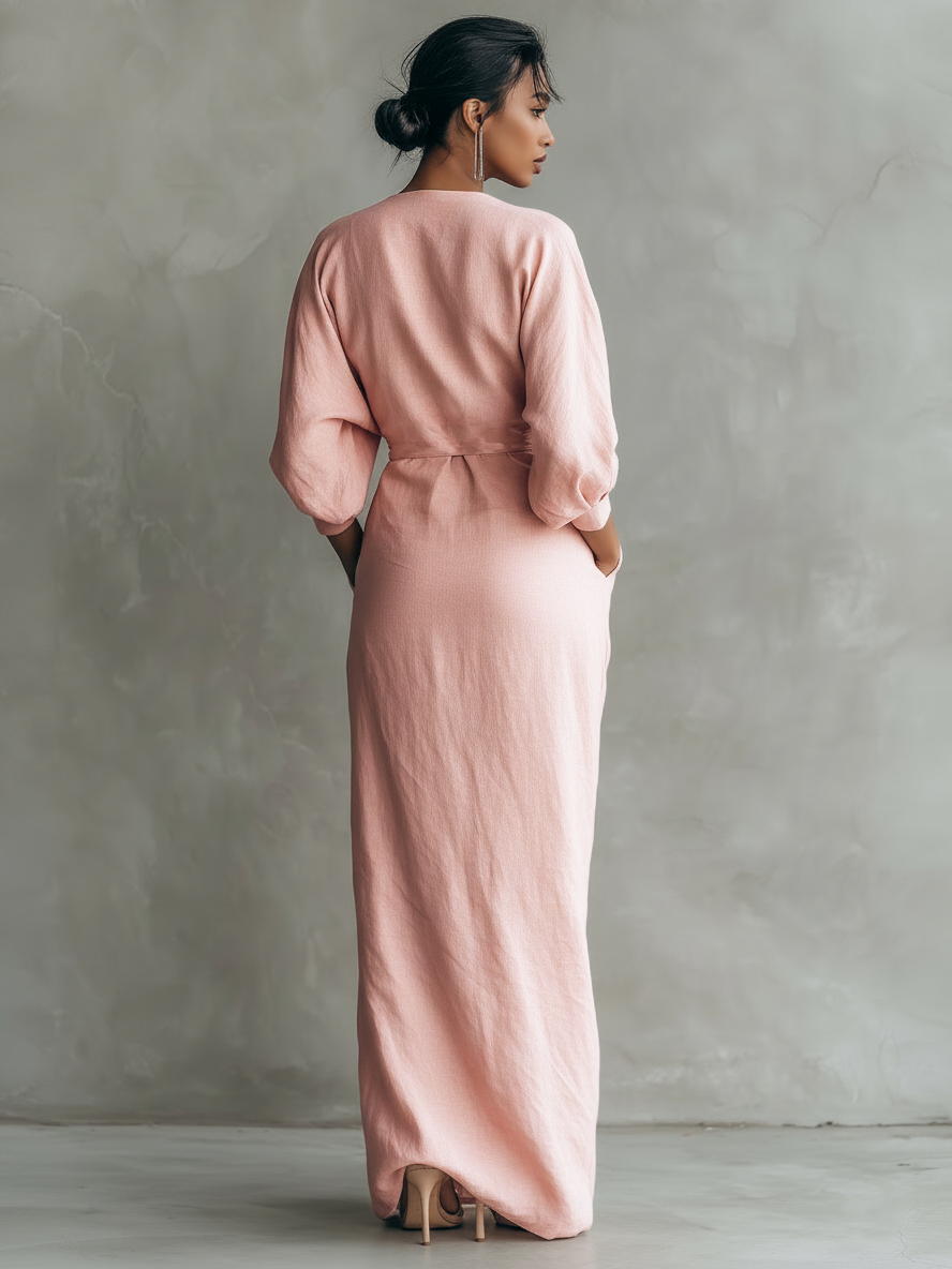Pink maxi dress, V-neck wrap back with gathered waist and three-quarter sleeves