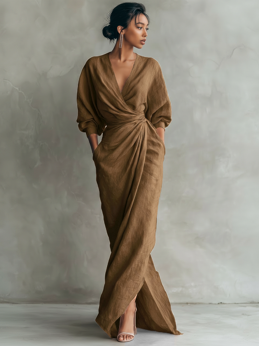 Brown v-neck linen-blend maxi dress with knotted wrap front and three-quarter sleeves