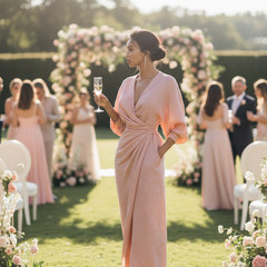 Blush pink maxi V-neck dress with twisted knot waist and flowy skirt, three-quarter sleeves