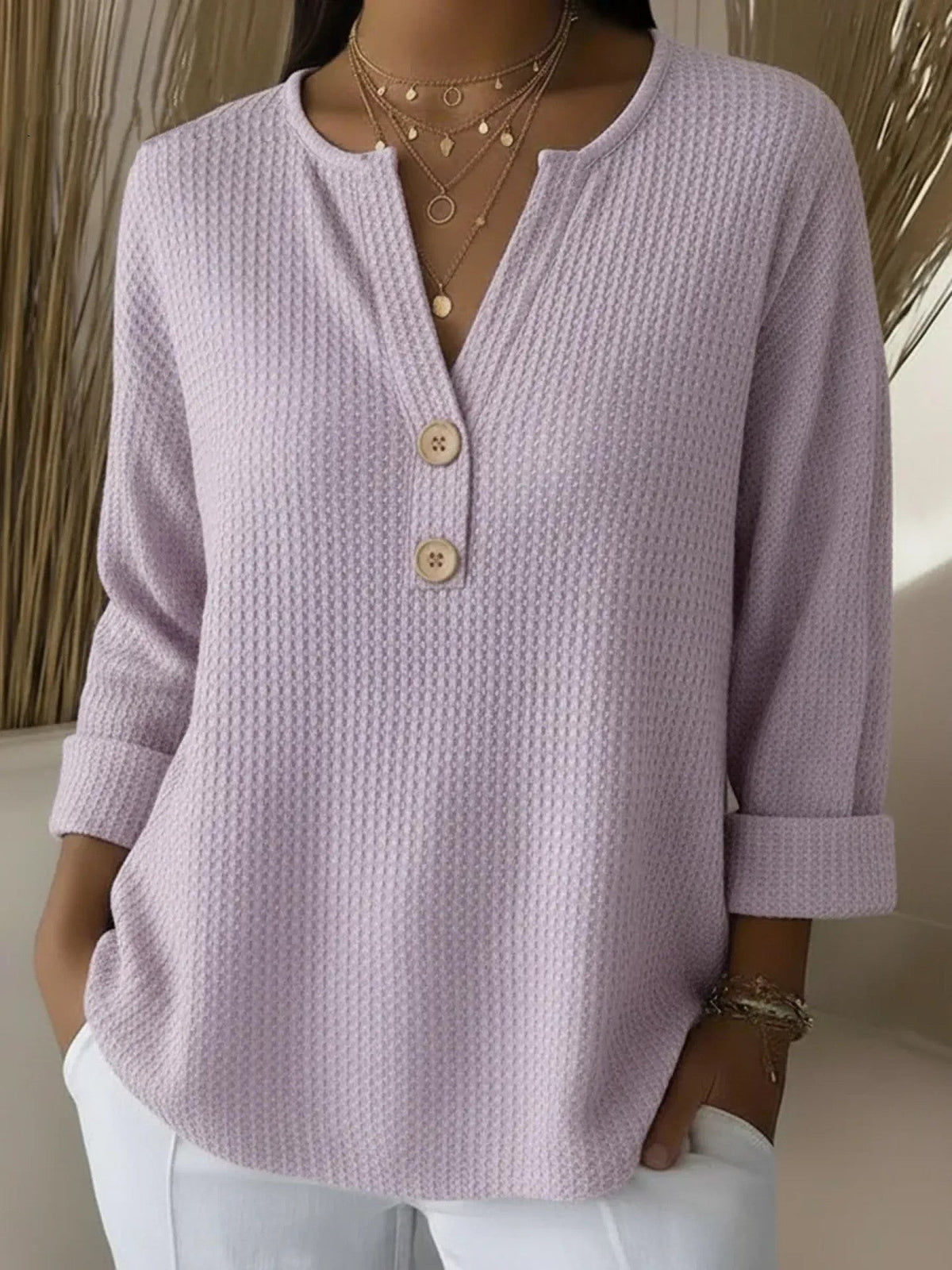 Lilac henley button top, waffle-knit long sleeve with V-neck and three buttons