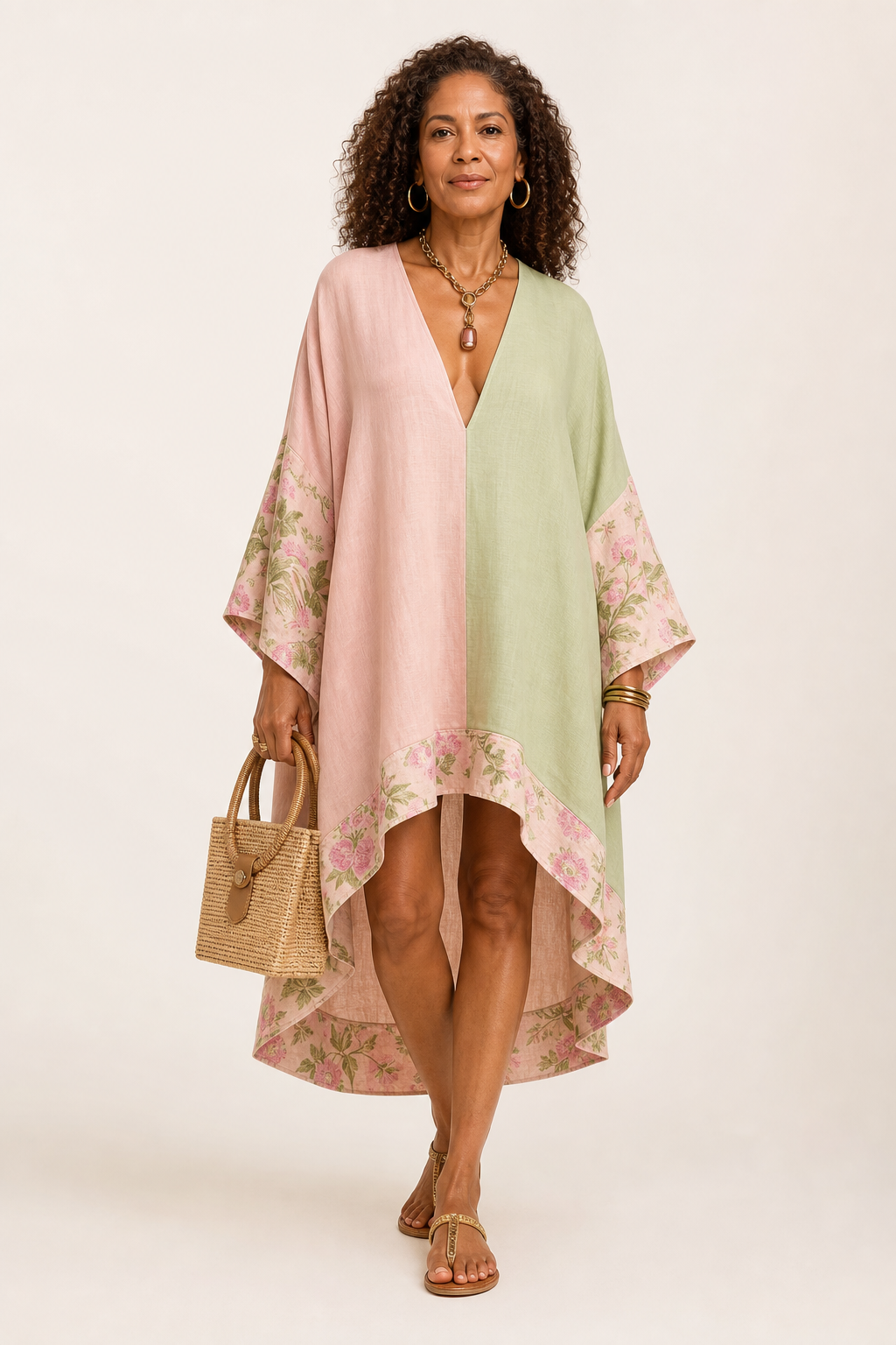 Green and Pink Floral-Trim Midi Dress