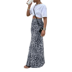 Grey leopard print fishtail midi skirt with an A-line flowing drape